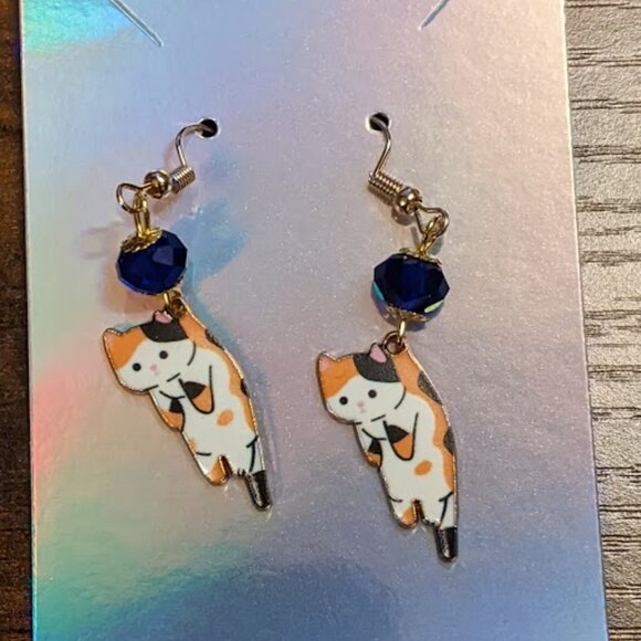 Calico Cat Earrings with Cobalt Blue Czech Glass Accents - Picture 3 of 8